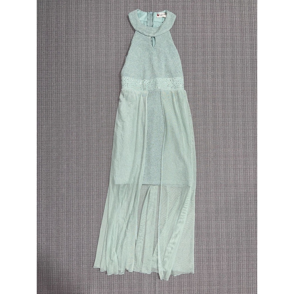 Poppies and Roses Maxi Dress Womens 10 Mint Green Embellished Keyhole Front